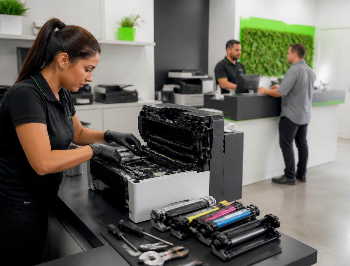 Técnica realizando manutenção em impressora durante atendimento empresarial